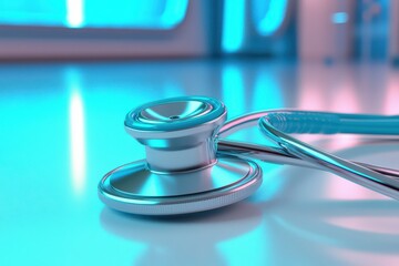 Close-up of a modern stethoscope on a medical table, illuminated in blue tones.
