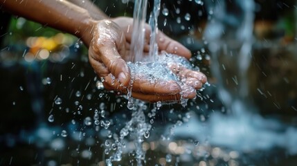 Water flows over hands in a cleansing ritual, emphasizing the significance of cleanliness and hygiene practices in daily routines. Generative AI
