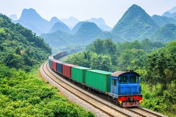 Obraz premium Colorful freight train traveling through mountainous landscape under clear blue sky.
