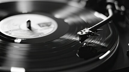 A black-and-white close-up of an old vinyl record spinning on a turntable, with the needle in focus.