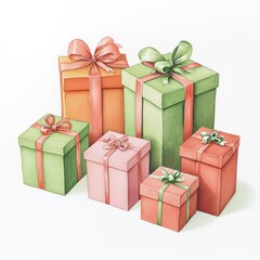Fototapeta premium Colorful gift boxes wrapped with ribbons on a white isolated background.