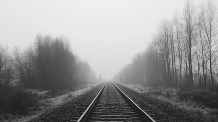 Obraz premium A black-and-white image of a railway track disappearing into the distance, with trees lining the sides.