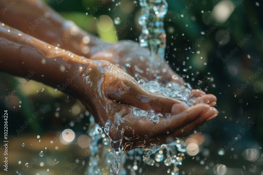 Poster hands are thoroughly washed under a flowing stream of water, highlighting the importance of hygiene 