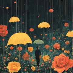 Obraz premium A playful image of roses with petals that transform into tiny umbrellas when it rains. Include bright colors and whimsical elements, such as tiny characters taking shelter under the flowers