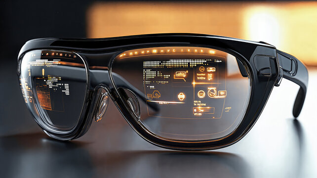 Smart glasses on a tabletop with glowing display