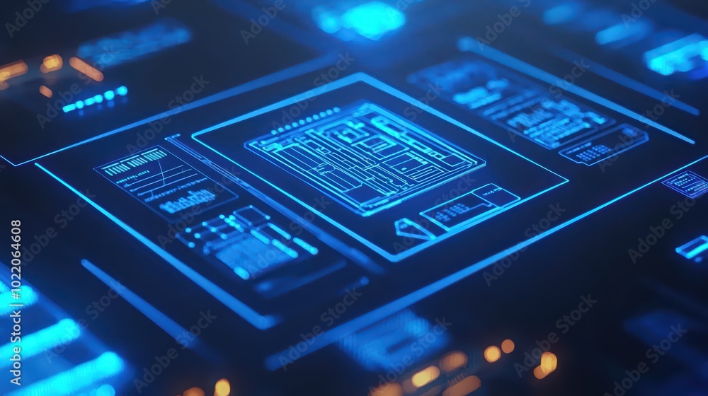 Poster futuristic digital interface with blue glowing circuits and data displays.