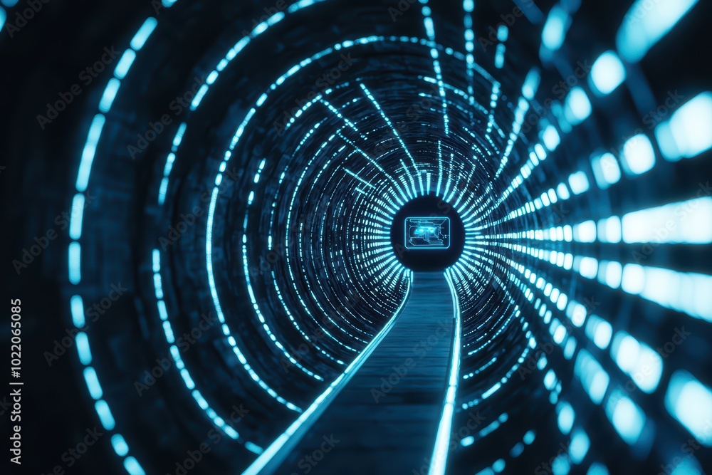 Aufkleber futuristic tunnel with glowing blue lights, creating an immersive and dynamic visual experience.
