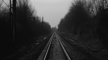 A black-and-white image of a railway track disappearing into the distance, with trees lining the sides.