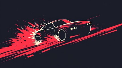 A black sports car with red highlights drives fast leaving red streaks on a dark background.