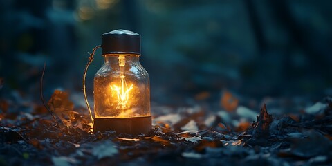 Glowing Light Bulb in a Glass Jar in a Forest