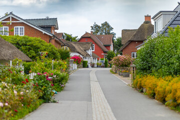 Charming village street lined with colorful houses and lush gardens during a cloudy day in a quaint...