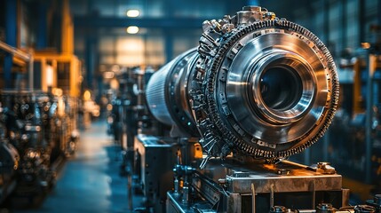 A close-up of a jet engine component in a dimly lit industrial setting, showcasing intricate metallic details and machinery.