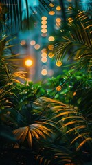 Urban Nature Walks, vibrant colors, lush greenery, city backdrop, photography