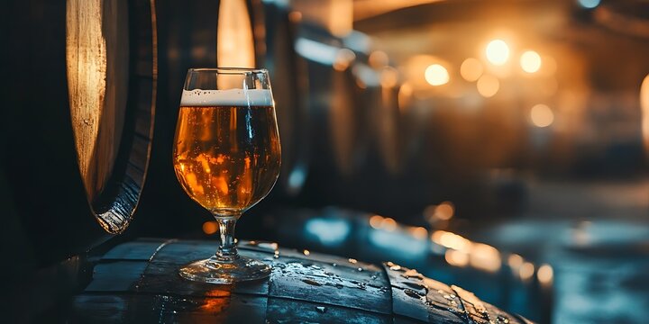 Glass of Beer on Wooden Barrel in Brewery Setting