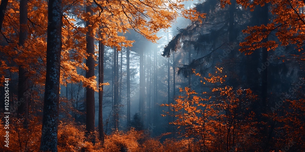 Poster autumn forest path with misty sunlight through trees