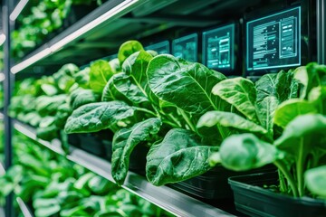 Obraz premium Vibrant green lettuce plants growing in a modern indoor farming setup under bright lights.