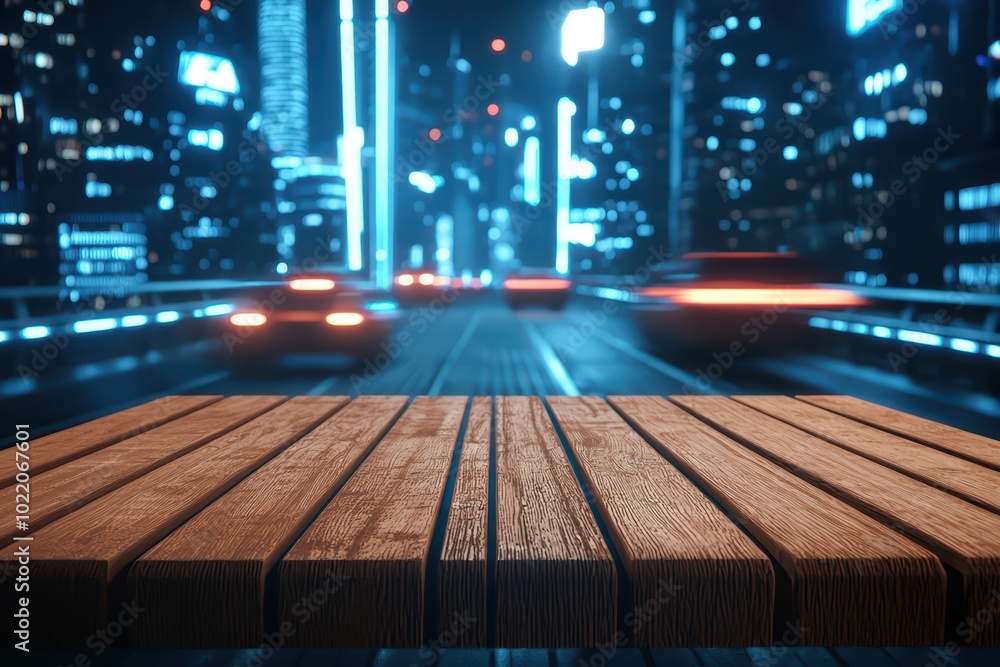 Poster wooden surface with a cityscape backdrop, showcasing vibrant lights and motion, creating a dynamic u