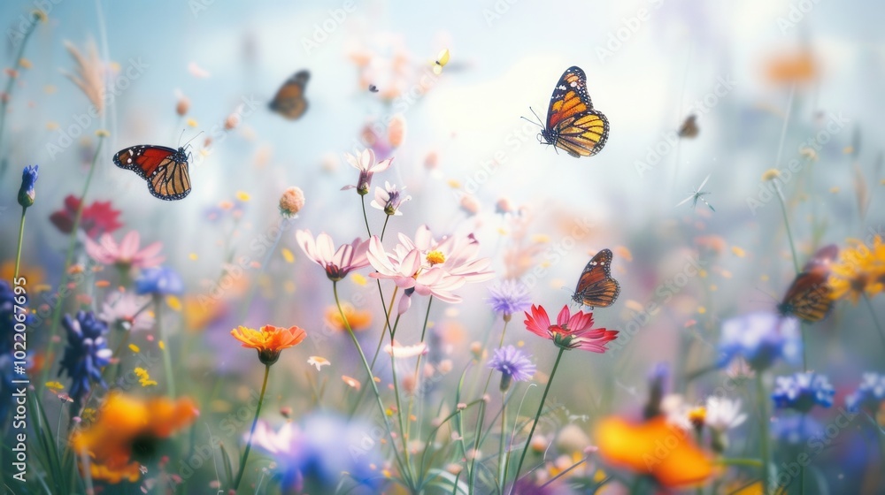 Poster butterflies gracefully flutter around a lively meadow rich with diverse flowers, creating a pictures