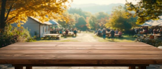 Fototapeta premium Wooden table with autumn scenery in the background, warm atmosphere, perfect for outdoor gatherings.