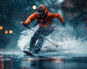 Urban Water Sports, dynamic action, vibrant colors, city backdrop, photography