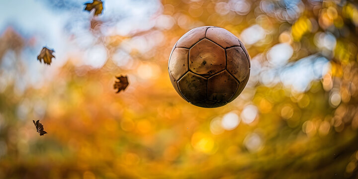 Bola de futebol no ar durante um chute