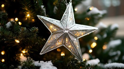 Glittering silver star ornament shining on snow-dusted christmas tree branch with warm lights, merry christmas and happy new year, ai