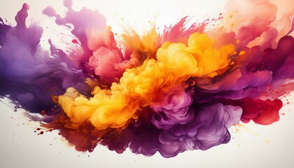 Fototapeta premium Abstract Explosion of Colorful Smoke in Yellow, Red, and Purple on White Background