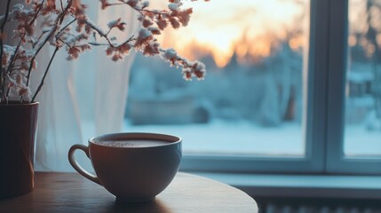 Cozy winter morning scene with coffee cup by frosty window, delicate snow-dusted branches, warm sunrise, merry christmas and happy new year concept ai