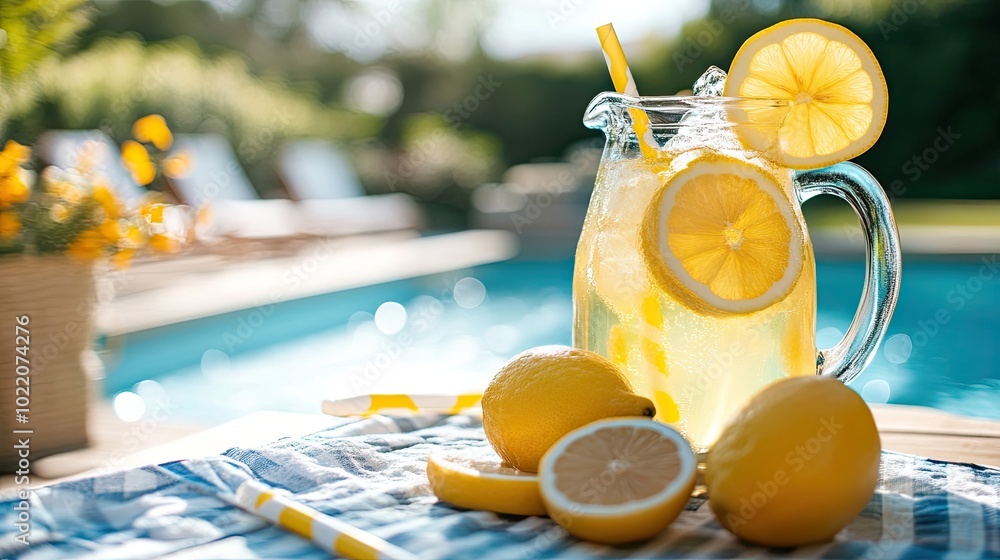 Poster a pitcher of lemonade by a pool on a summer day. perfect for illustrating a refreshing summer drink 