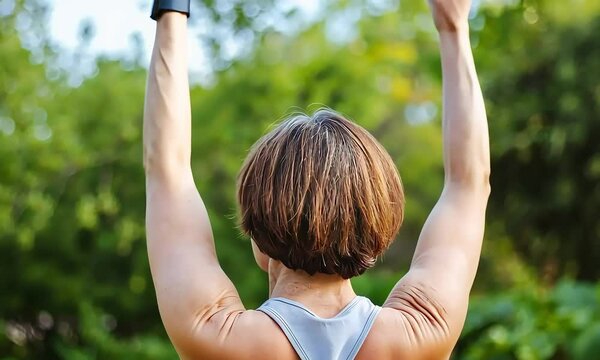 An old slender woman does yoga in the park
