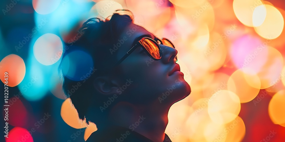 Poster man looking up with colorful bokeh lights in background.