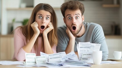 Shocked Couple Reviewing Bills at Home, AI