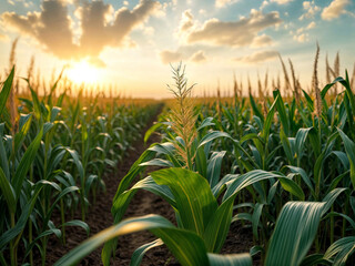 Fototapeta premium Agricultural Farming - Close-up of Neatly Plowed Corn with Young Cobs