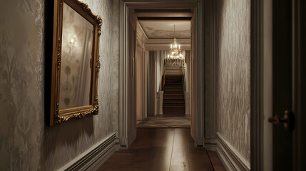 A gold framed mirror is placed in a hallway, adding an elegant touch to the space. this picture can be used for interior design or home decor themes. Enchanted Mirror. Illustration