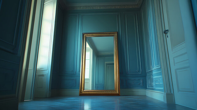 A gold framed mirror is placed in a hallway, adding an elegant touch to the space. this picture can be used for interior design or home decor themes. Enchanted Mirror. Illustration
