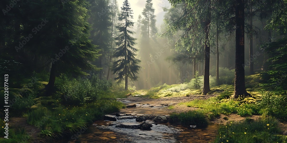 Poster mystical forest path with stream, sunbeams and fog