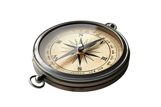 An antique compass with a black needle pointing north isolated on white background. Generative ai