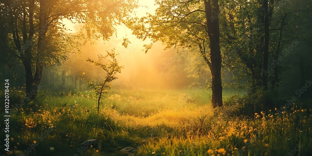 Poster sunbeams through the trees in a misty forest clearing