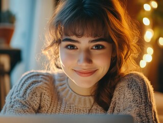 Smiling Woman Working on Laptop at Night