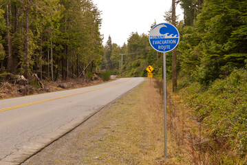 Tsunami Evacuation Route Sign over green forest background