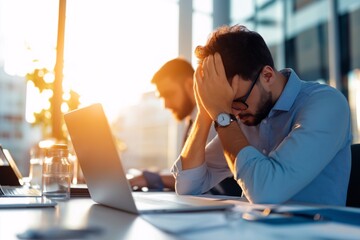 Office Employee Struggling with Burnout, the challenges of career ambition and work-life balance with an image depicting an exhausted professional experiencing demotivation in a corporate environment