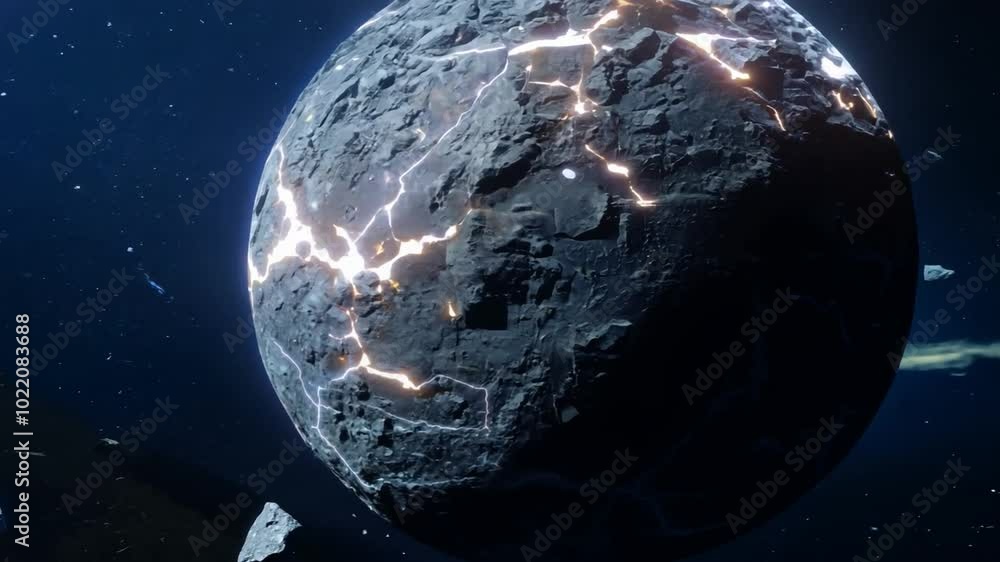 Poster a close-up of a rocky asteroid with bright lightning streaks, set against a dark blue space backgrou