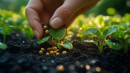 A serene close-up of hands gently placing a seed into fertile soil 
