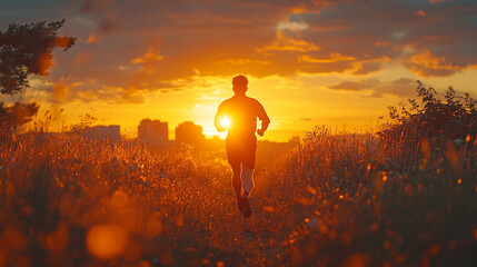  medium shot of a determined individual running towards a glowing horizon 