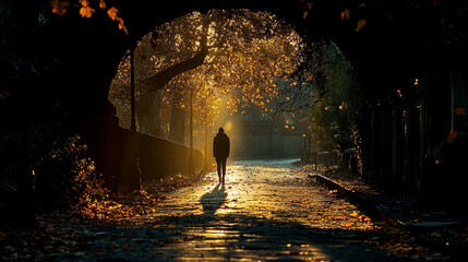contemplative portrait of a person standing on a dimly lit path
