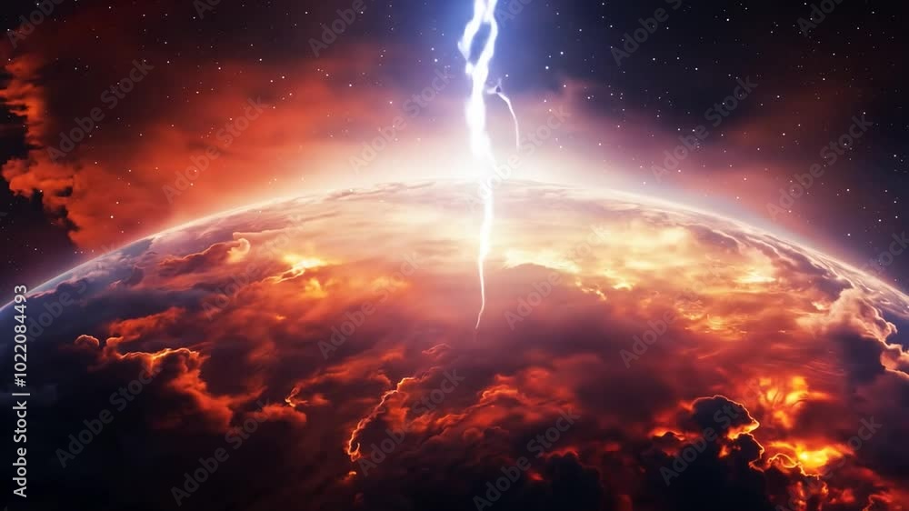 Poster a dramatic view of a lightning strike on a planet from outer space. the strike illuminates the cloud