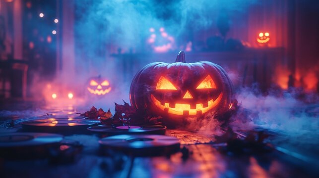 Neon Halloween poster with pumpkin