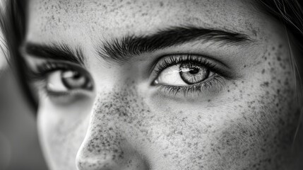 Fototapeta premium A close-up black-and-white portrait of a woman's face, with a strong focus on her eyes and expression.