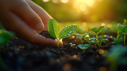 A serene close-up of hands gently placing a seed into fertile soil 