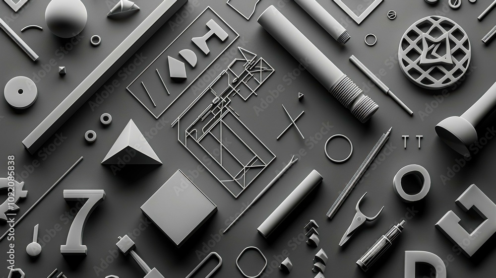 Poster a flat lay of various 3d shapes and objects in monochrome. ai.